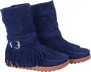 [Generic] Women's Tassel Booties Fashion Fringe Suede Moccasins Ankle Boots Retro Ethnic Wedge Wide Mid Calf Booties Winter Warm Riding Short Ankle Boots For Girls