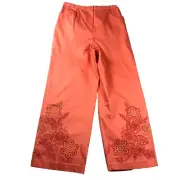 Susan Graver Womens Pants Sz S Orange Floral Beaded Flat Front NWT