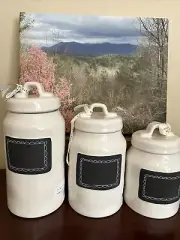 Rae Dunn “Take Note” Chalkboard Canister Set Small, Med, Large NEW. Very HTF!