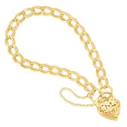 9ct Yellow Gold Silver Filled 19cm Curb Heart Padlock Bracelet