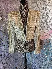 Alice And Olivia Maria Cropped Leather Gold Chain Jacket Sz 8 AUTHENTIC NWT