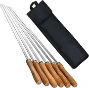 16.5 Inch Stainless Steel BBQ Skewers with Wood Handle, 6 Pack Flat Reusable Kabob Sticks for Grilling Meat, Shrimp, Chicken, Vegetables