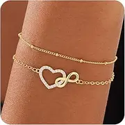 [Gokeey] 7pc Gold Bracelets for Women, 14K Real Gold Dainty Layered Cuban Link Paperclip Chain Herribone Bracelets Cute Stackable Gold Chain Bracelet Set for Women Trendy Jewelry Gifts