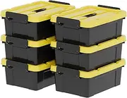Cetomo 15L*6 Storage Boxes, Plastic Storage Box with Lids, Handle and Latching Buckles for Tool Outdoor Garden Garage Home, Durable, Heavy Duty, Stackable, Nesting, Black and Yellow, 15L(6 Pack)