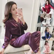 Womens Satin Pyjamas Ladies PJs Silk Long Sleeve Soft Sleepwear Nightwear Set *