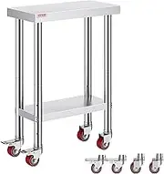 VEVOR Stainless Steel Catering Work Table 12x24 Inch Commercial Work Tables with 4 Wheels Commercial Food Prep Workbench with Flexible Adjustment Shelf for Kitchen Prep