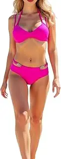 [Aizscvu] Women's Thin-Strap Halter Swimsuit and Bikini Set with Metal Rhinestone Inlay and Hollow-Out Design., Red, Medium