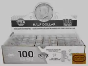 BOX OF 100 H.E. HARRIS / WHITMAN ROUND COIN TUBES FOR HALF DOLLAR 50C -#28828