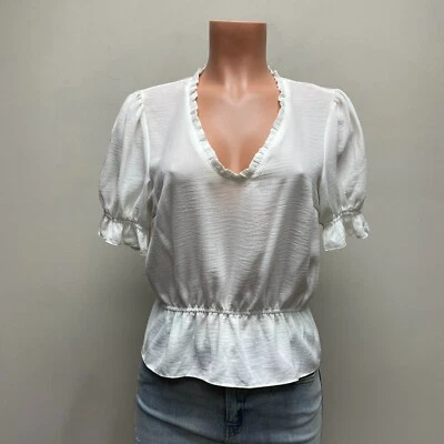 Topshop Womens White Puff Sleeve Stretchy Morgan Ruffle Trim Peplum Blouse Top 6