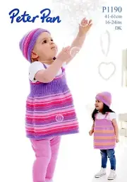 Pinafore Dress & Hat Peter Pan DK Knitting Pattern #P1190 Baby Girls NB - 4 yrs