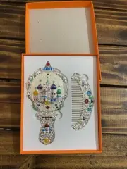 NIB 2 Pcs Silver Iris Hand mirror And Comb Set With Multicolor Accents & Castle