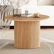 Round Ribbed Coffee Table with Cylindrical Bottom and Corrugated Table Body, 15mm Thick Tabletop, Stylish Contemporary Design for Living Room (Natural)