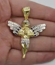 Real 10K Two-Tone Gold Praying Angel Charm Pendant Diamond Cut 2 1/4'' 4.3gr