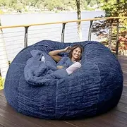 Home Sponge Bed Bean Bag Chair Cover Slipcover Double Bedroom Balcony Large Couch Round Soft Fluffy Cover No Fillings Only Cover Dark Blue
