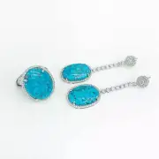 14K white Gold Turquoise Set w/ halo Diamond Dangle Drop Earrings and Ring