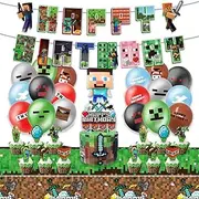 Mine-craft Birthday Party Supplies, Birthday Decorations Include Banner, Ballons, Cake&Cupcake Toppers,Foil Balloons,Tablecloth Table Cover Tableware Party Favor