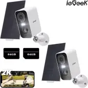 2x Security Camera 2K 3MP WiFi 5200mA Battery Powered Outdoor Wireless +64G Card