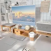 Dual Monitor Stand Riser with Drawer for Desk Laptop Desk Shelf with Adjustable Length and Angle, Bamboo Computer Stand Riser for 2 or 3 Monitors Screen Laptop PC TV -Natural