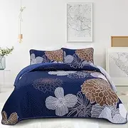 Anibedding Floral Bedspread Quilt Set King 3 Pieces-Navy Blue Bohemian Floral Quilt Coverlet Set Soft Microfiber Lightweight Quilted Bedspread with Pillow Shams for All Season 104"x90"
