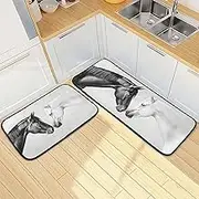Kitchen Mats for Floor, 2 Piece, Horse Black White Funny Cute Washable Non-Slip Kitchen Rugs Set for Home & Office, Sink, Laundry, 19.7” x 27.6” + 19.7” + 47.2”