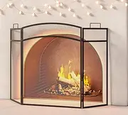 CALIDOLA 3 Panel Fireplace Screen 48"" W x 29"" H Modern Foldable with Wrought Metal Decorative Mesh,Arch Heavy Duty Fire Spark Guard Cover for Home Decor Indoor, Black, C6600