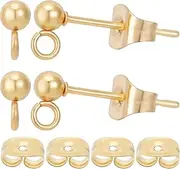 Beebeecraft 50Pcs 3mm Gold Ball Earring Studs & Backs - Minimalist 24K Gold Plated Stainless Steel Earring Posts & Hooks