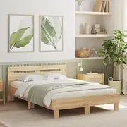vidaXL Sonoma Oak Bed Frame with Headboard and LED Lighting - 135x190 cm Engineered Wood Sleep Base, RGB Ambiance and Sturdy Plywood Slats