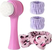 Beomeen Facial Cleansing Brush 2 in 1, Silicone Face Scrubber Dual Face Brush for Deep Pore Cleansing and Exfoliating, Skincare Headband and Wristbands Set for Washing Face Massaging Spa Makeup,Purple