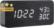 Alarm Clock Wooden Digital with Voice Control, Date, Temperature, Black