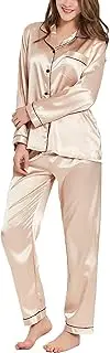 [SWOMOG] Womens Silk Satin Pajamas Long Sleeve Loungewear Two-Piece Sleepwear Button-Down Pj Set