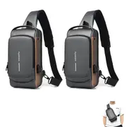 2pcs Sling Backpack Anti Theft USB Port Sport Chest Shoulder Bag Lightweight Crossbody Bag -Gray