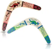 Wooden Boomerangs, Set of 2, Classic Returning Boomerangs with Colorful Artwork,