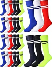 [Zhanmai] 18 Pairs Kids Soccer Socks Knee Tube Socks Halloween High Socks Boys Girls Uniform Socks Long Colorful Striped Knee Socks Cute Sport Stocking, Blue, White, Red, Navy Blue, Black, Fluorescent Green,