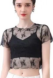 [HSAJS] Women's Lace Top Summer Sheer Mesh Lace Top Sexy Crop Top Short Sleeve Shirt Top Tight Undershirt Y2k for Club Party, Black, One Size