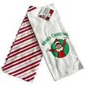 SET OF 2 ELF ON THE SHELF - MERRY CHRISTMAS & STRIPPED KITCHEN TOWELS