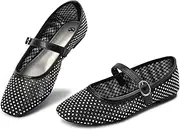 [HOMETRUE] Women's Mesh Ballet Flats Buckle Strap Sparkly Rhinestone Mary Jane Ballerina Flat Casual Dress Shoes