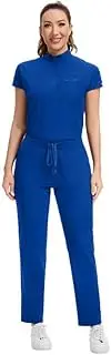 [Kitmaz] Medical Scrub Set For Women - Mandarin Collar Oversized Scrub Top & Skinny Straight Scrub Pants, 14 Pockets
