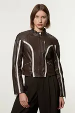 Leather Colourblock High Collar Motto Biker Jacket