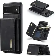 [Yidai-Silu] Google Pixel 6A PU Leather Case 【2in1 Design, Kickstand Function】 Detachable Magnetic Wallet Card Holder Case TPU Shockproof Back Cover for Google Pixel 6A - Black