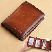 Ekphero Men's Wallet Genuine Leather RFID Blocking Short Wallet Vintage Thin Multi Function ID Credit Card Holder Flip-f