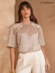 Love & Roses Rose Gold Metallic Jersey Frill Sleeve Top (AW2622) | $30