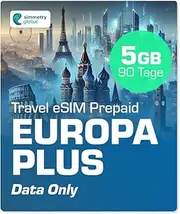 Simmetry Europe Plus Data eSIM 5GB 90 Day Compatible with eSIM Enabled iOS and Android Devices Hotspot Sharing Allowed Ideal for Long Trips or Long-Lasting Use