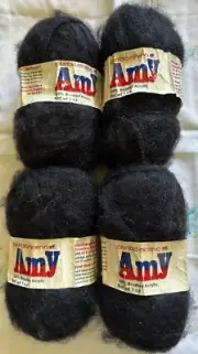 Vintage Yarn Amy Black Columbia Minerva Brushed Acrylic 4 Balls All Same Dye Lot