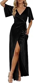 [MEROKEETY] Women's V Neck Wrap Velvet Maxi Dress Bell Sleeve Split Bridesmaid Cocktail Party Dresses