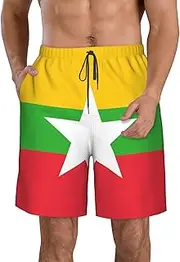 [WURTON] Flag of Myanmar Print Mens Swim Trunks Quick Dry Bathing Suits Summer Holiday Beach Board Shorts Pockets