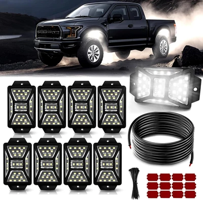 8 Pods 216 Leds White Rock Lights with 11Yd/10M Extension Wire, 6000K Super Brig