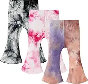 [Dalukit] 3 Pack Baby Girl Pants Tie-Dye Toddler Girls Flare Pants Newborn Bell Bottoms Ruffled Ribbed Knite Toddler Leggings