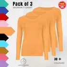 Womens Long Sleeve T Shirt Round Neck Stretchy Casual Jersey Plain Top Pack of 3