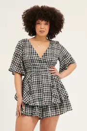 Check Short Sleeve V-neck Check Playsuit
