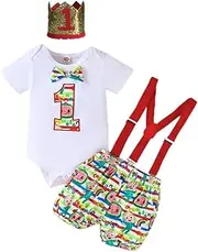 Highnesson-ww Baby Boy Funny First Birthday Clothes Bow Tie Dinosaur Themed Romper Pants Set Suspenders Cake Smash Outfits
